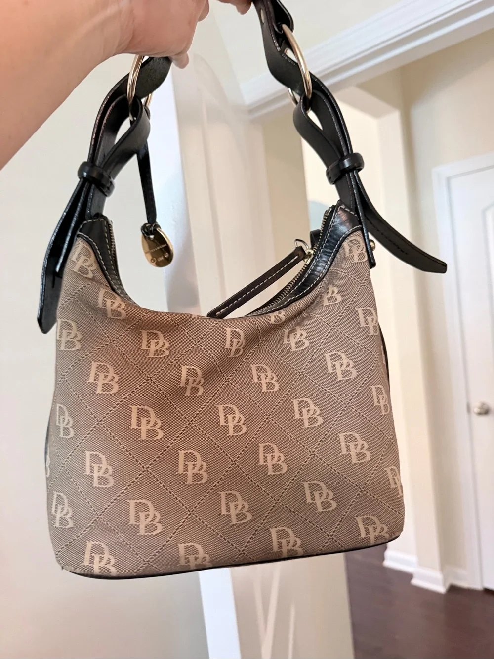 Dooney & Bourke Tan Monogram Shoulder Bag with Black Trim